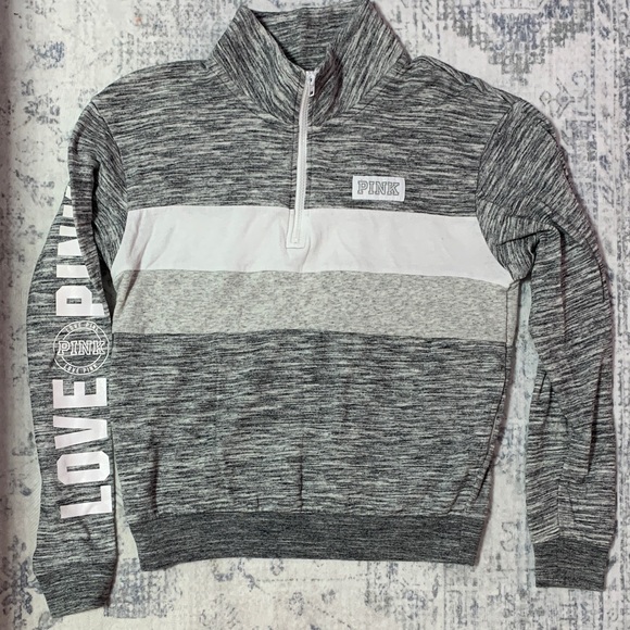 PINK Victoria's Secret Tops - PINK Victoria's Secret Zip-Up Sweater in Gray and White